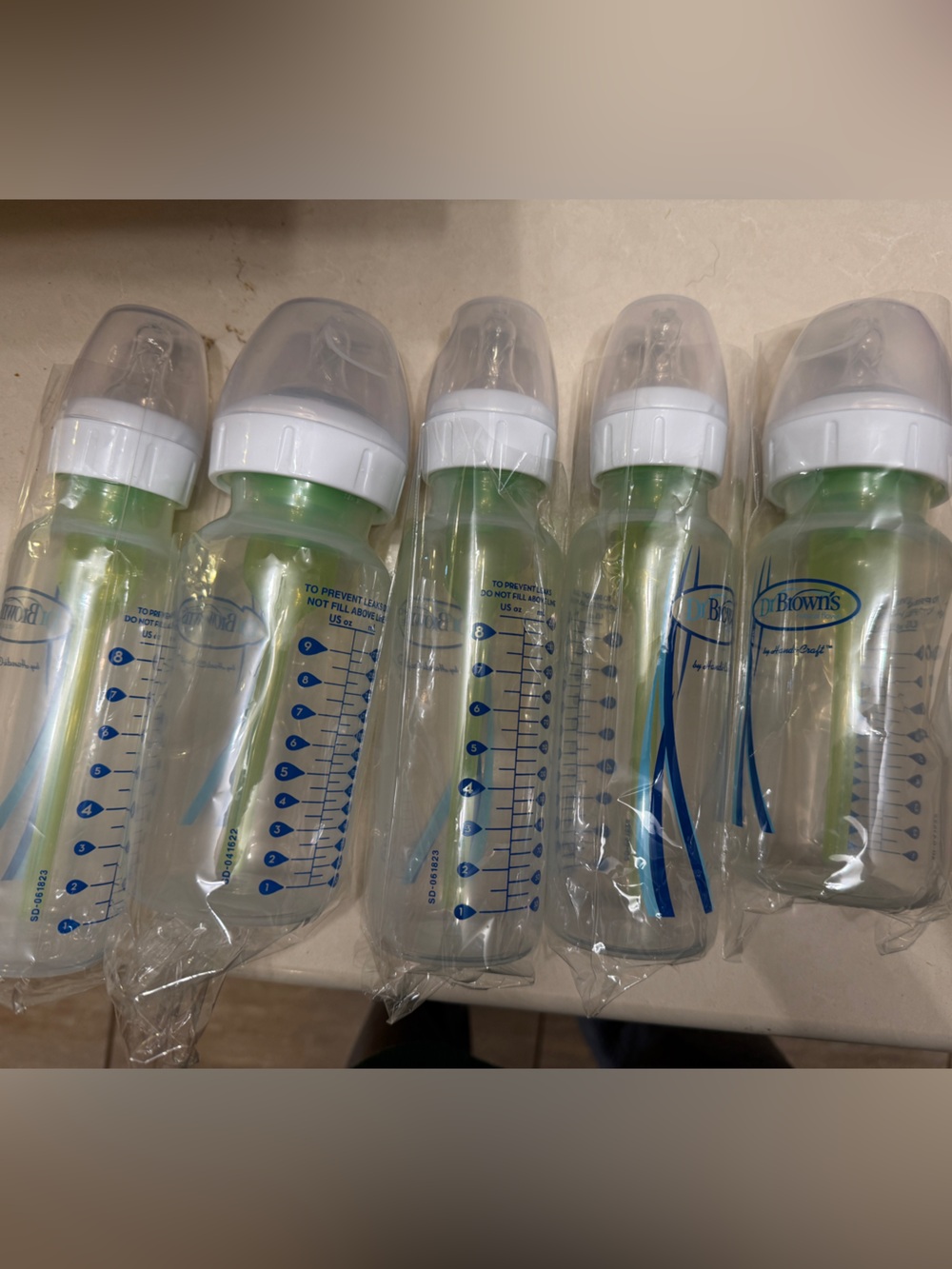 Clear Baby Bottles with White Caps - Green Inserts (Set of 5)
